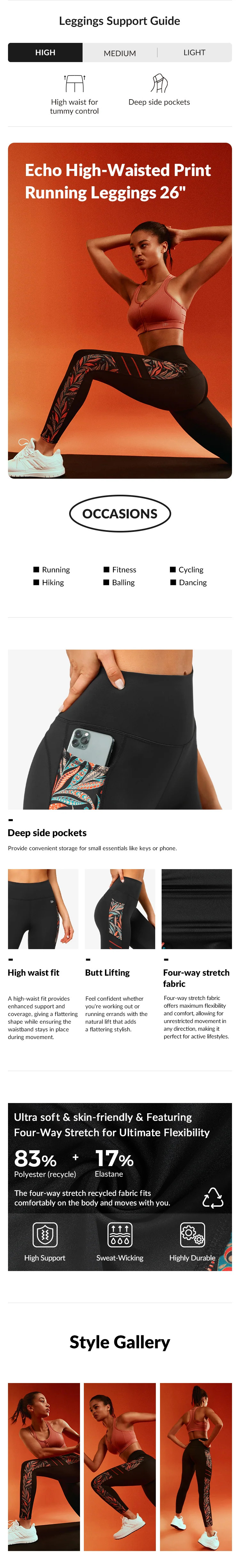 Echo High-Waisted Print Running Leggings 26" | Women's High Support Leggings | Yvette Sports Development