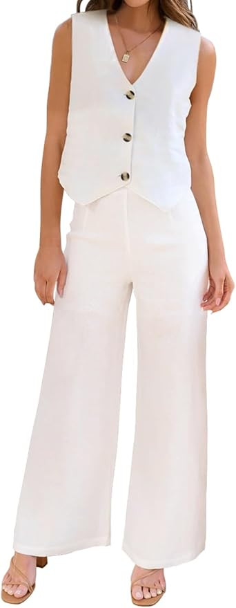 ROYLAMP Women's Summer 2 Piece Outfits Button Down V Neck Sleeveless Top High Waisted Wide Leg Pa... | Amazon (US)