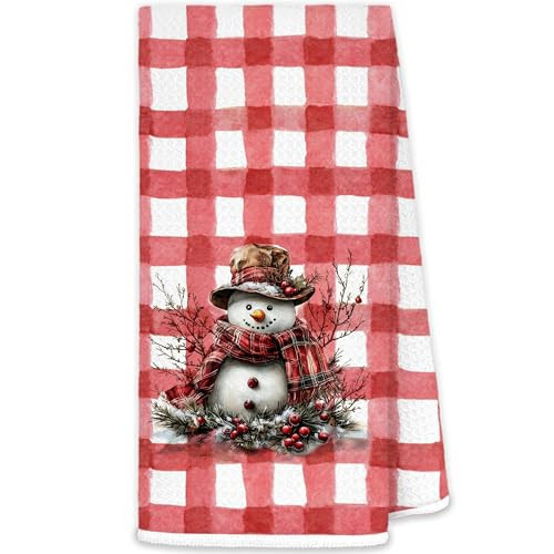 JINYO Vintage Red Plaid Christmas Snowman Kitchen Towels, Winter Snowman Hand Towels for Bathroom Kitchen Decor, Rustic Winter Christmas Holiday Decorative Dish Tea Towels, 16x24 Inch | Amazon (US)