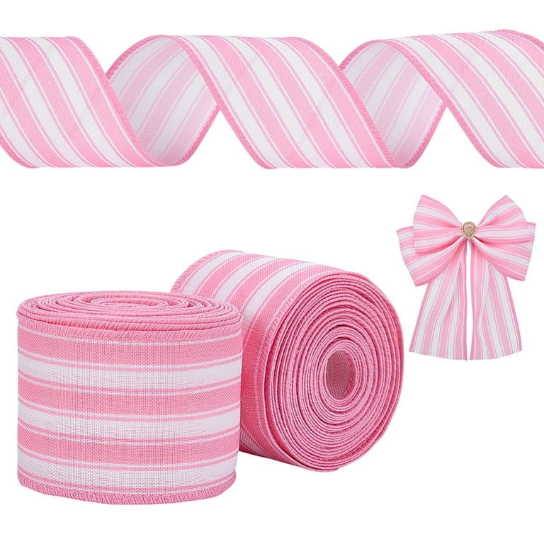 2 Rolls Pink Burlap Striped Fabric Ribbon 2-1/2 inch Wide Striped Wired Edge Ribbon Farmhouse Fab... | Walmart (US)