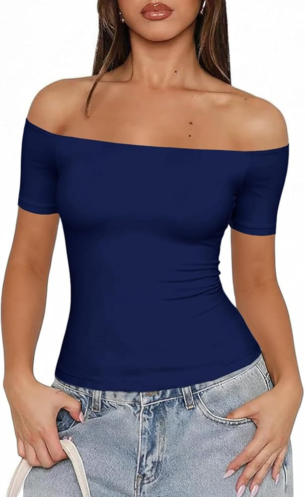 Fisoew Womens Off The Shoulder Crop Tops Short Sleeve Cute Sexy T-Shirts Y2K Summer Basic Tee Goi... | Amazon (US)