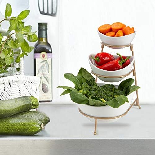 3 Tier Oval Bowl Set with Metal Rack,HabiLife Three Ceramic Fruit Bowl Serving - Tiered Serving S... | Amazon (US)