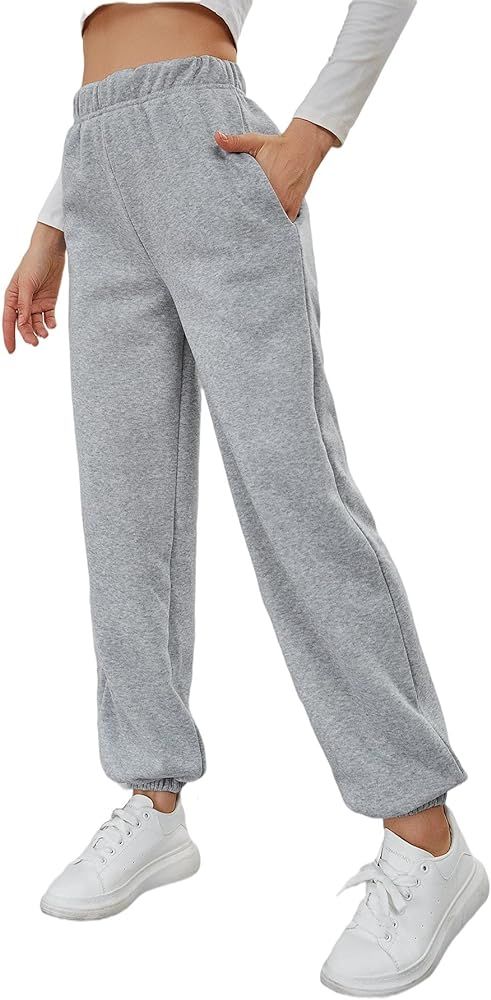 SheIn Women's Elastic High Waist Slant Pocket Sweatpants Joggers Lounge Pants | Amazon (US)