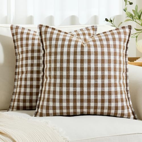 KINDREX Farmhouse Gingham Throw Pillow Covers 20x02 Set of 2, Small Checkered Linen-Textured Cushion Covers with Flanged Edges, Decorative Outdoor Pillowcases for Couch Sofa Living Room,Brown & White | Amazon (US)