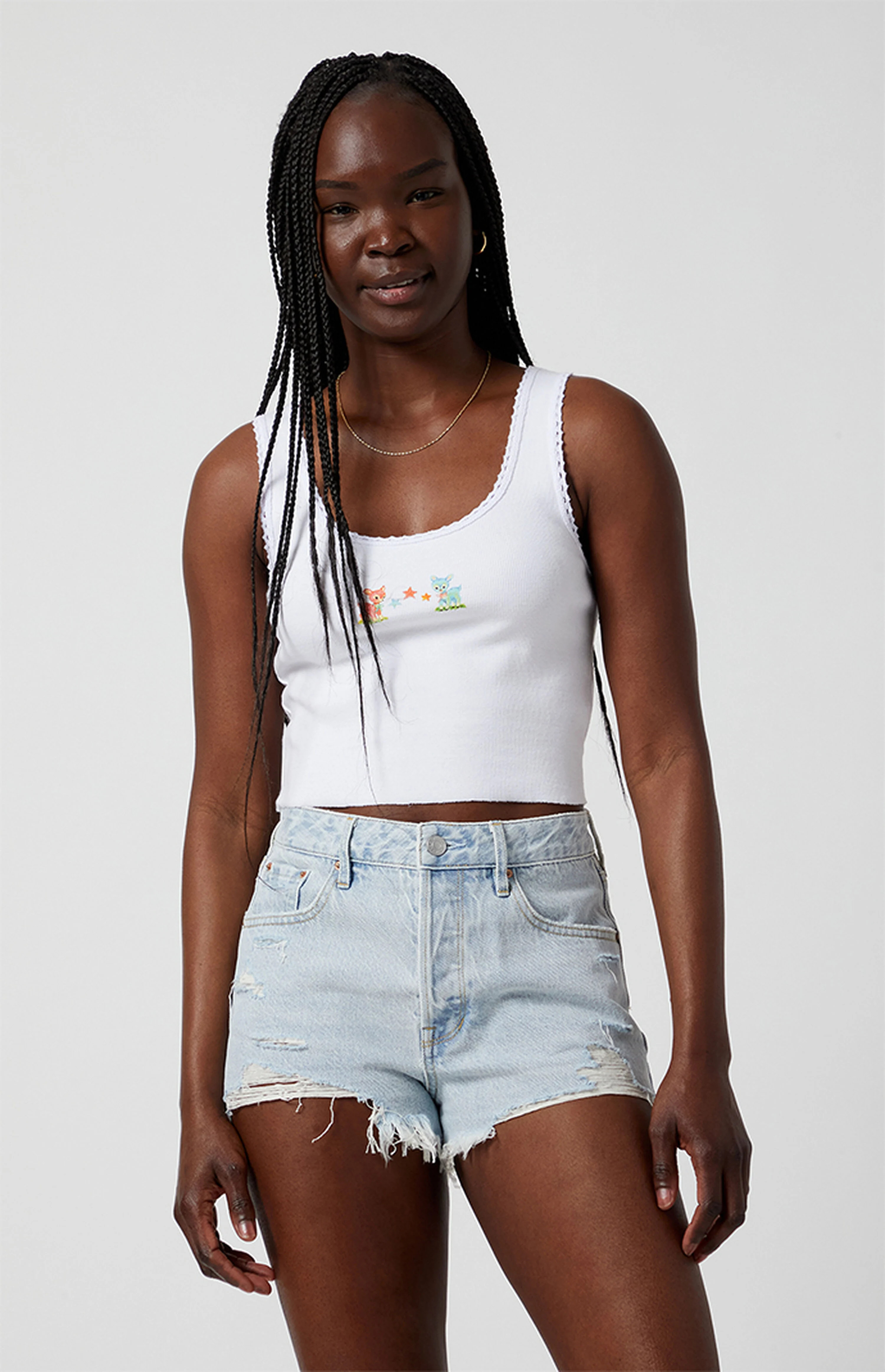 PacSun Light Indigo Ripped Button Fly High Waisted Denim Festival Shorts | PacSun