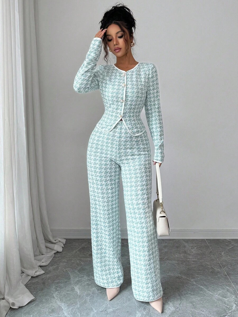 Elenzga 2pcs Set: Fashionable Herringbone Jacquard Splice Elegant Casual Crew Neck Long Sleeve T-... | SHEIN