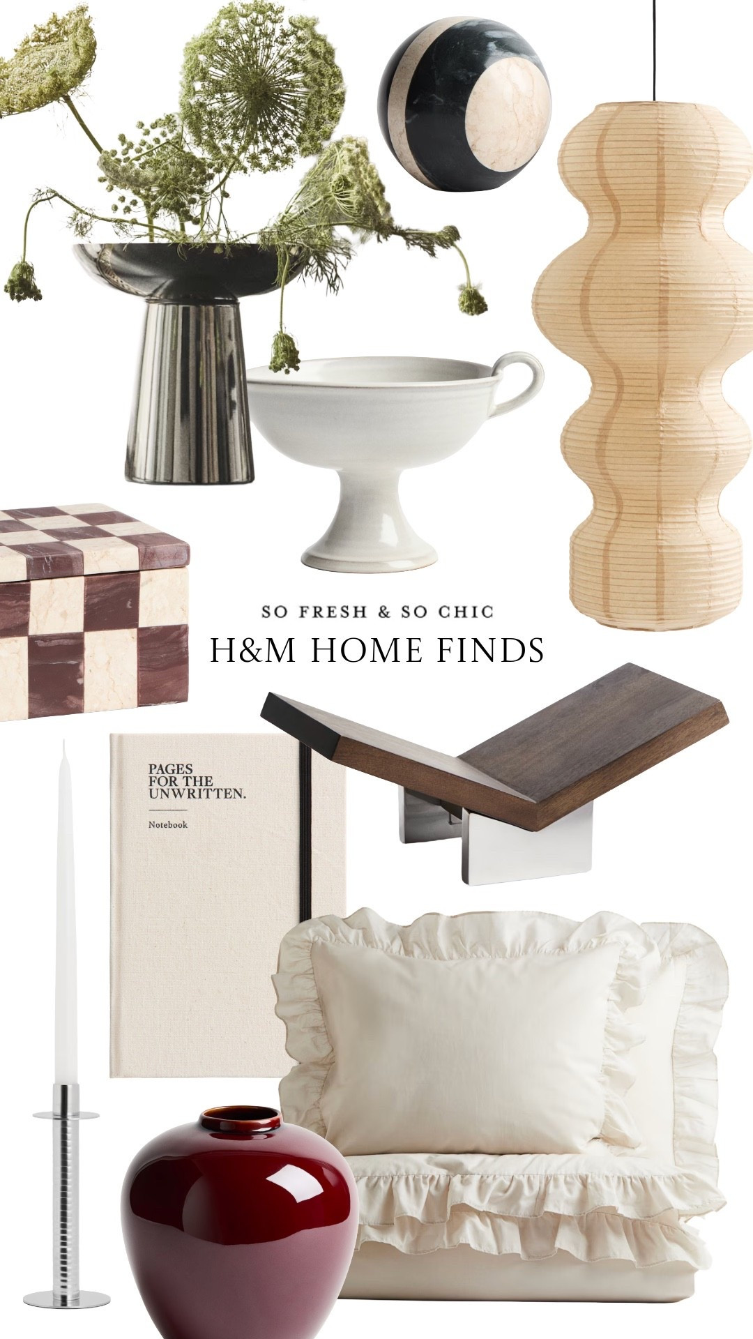 NEW AT H&M HOME // Gorgeous new home decor for Fall at H&M Home. So many amazing stainless steel pieces! Tons of marble! Burgundy and neutrals and warm browns everywhere!
-
H&M home finds - stainless steel vase - stainless steel candle holder - taper candle holder - ceramic footed bowl - Japandi paper lantern - mid century modern lighting - affordable home decor - wood and stainless steel book holder - notebook - marble checkered box - ruffled bedding - neutral home decor - minimalist home decor - burgundy vase - fall home decor - fall refresh - lace trimmed pillowcase

#LTKHome #LTKSeasonal #LTKSaleAlert