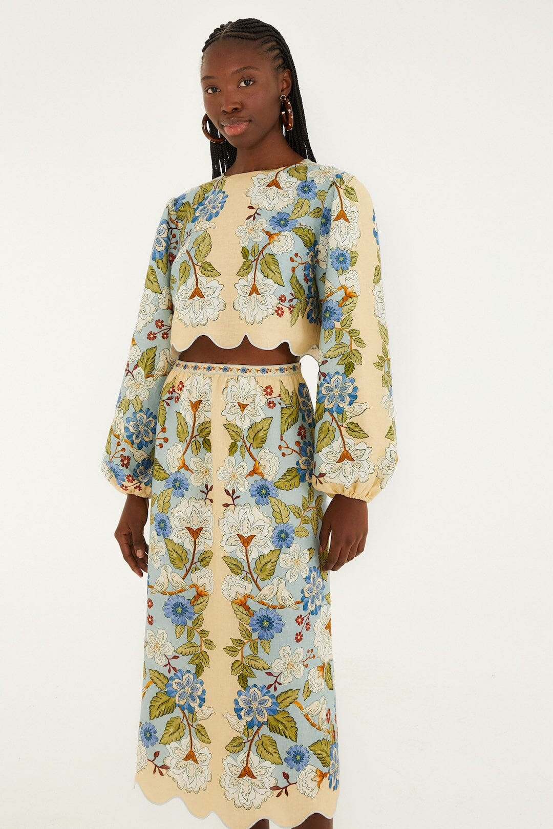Cream Garden Scarf Euroflax\u0099 Premium Linen Midi Skirt | FARM Rio | FarmRio (US)