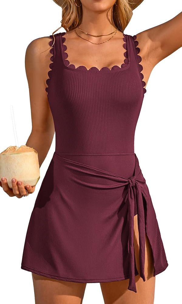 Charmo One Piece Swim Dress Scalloped Square Neck Modest Swimsuits for Women Tummy Control Bathin... | Amazon (US)