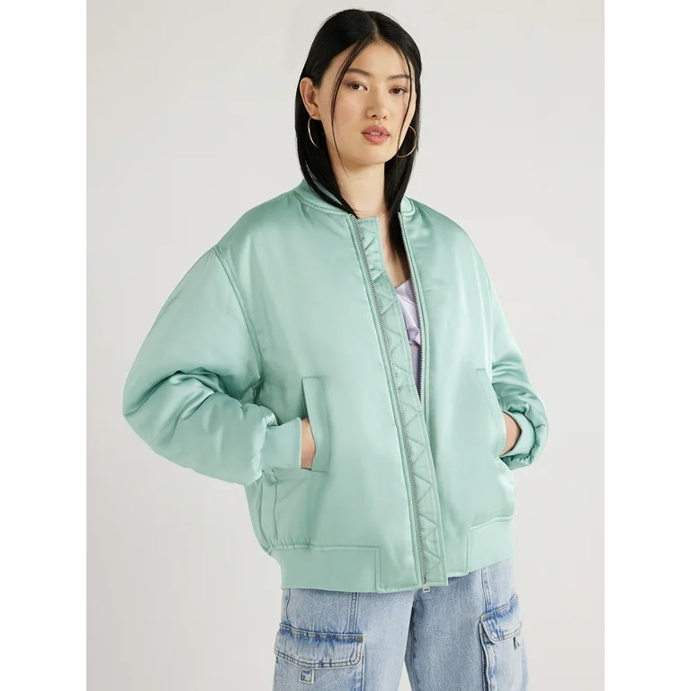 Scoop Women's Oversized Satin Bomber Jacket with Rouched Sleeves, Sizes XS-XXL | Walmart (US)