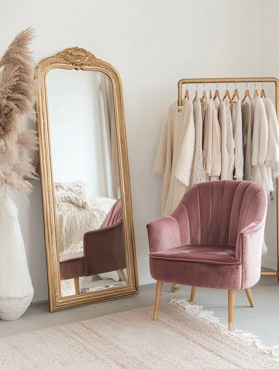 Create the ultimate influencer corner at home with just a few intentional pieces. A bold floor mirror, a luxurious blush-pink velvet chair, and a gold clothing rack instantly turn any corner into a content-ready space.

Your wardrobe can change seasonally, but this setup stays timeless. Style outfits on the rack, sit comfortably on the velvet chair to film tutorials, and use the mirror for daily outfit inspiration, try-ons, and mirror shots. Add a small wooden side table if space allows—for coffee, accessories, or your phone while filming.

Simple, elegant, and endlessly functional—this corner is designed for creativity, confidence, and effortless content creation, every single day. 

 #LTKHome