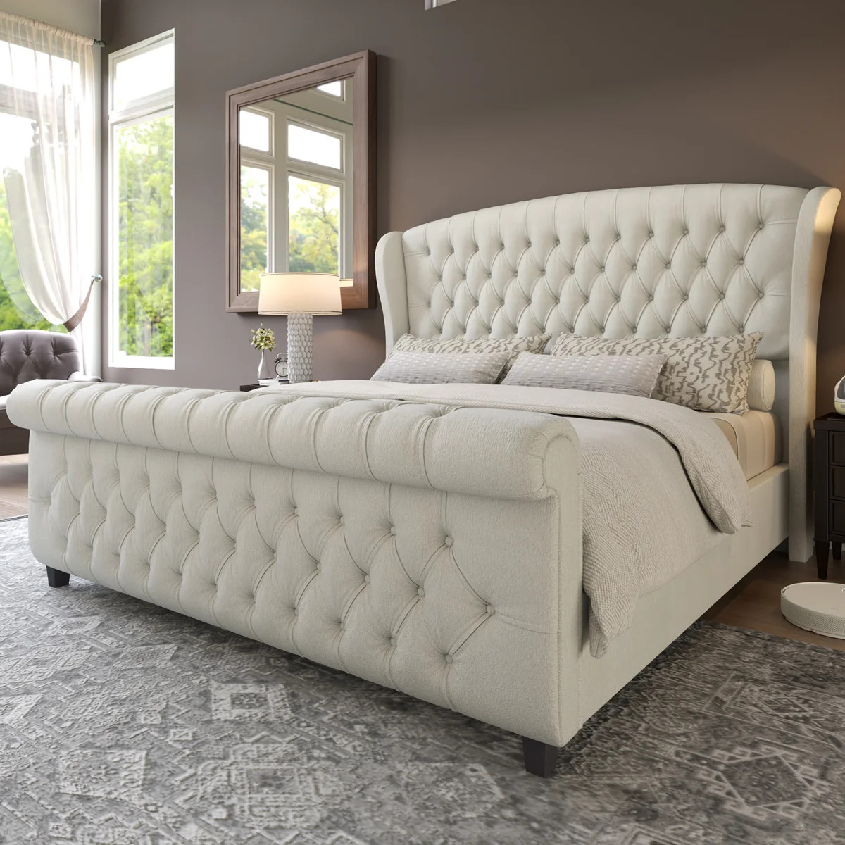 Dulane Velvet Upholstered Sleigh Bed with Scroll Wingback | Wayfair North America