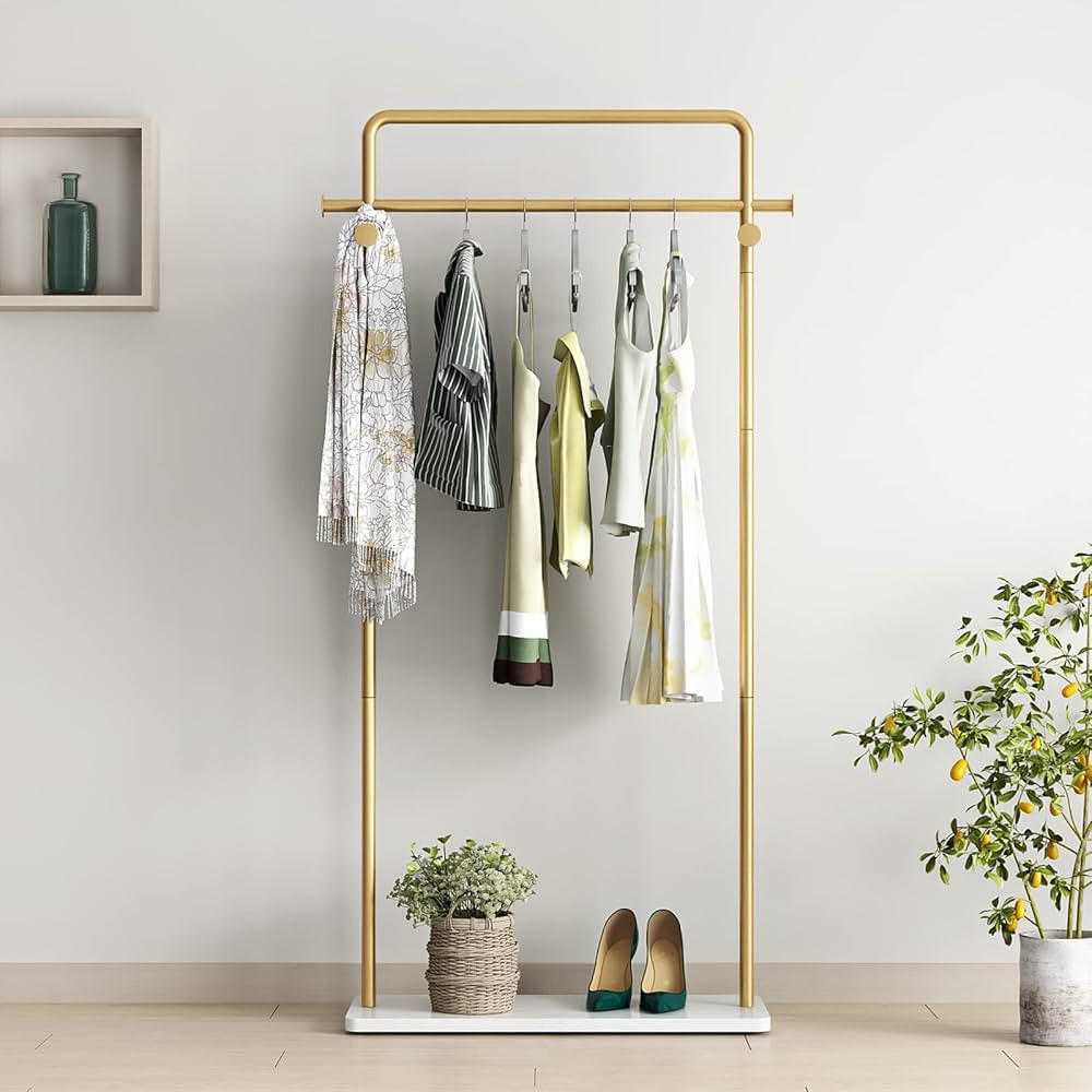 TIEOU Gold Clothes Rack with Shelf, Gold Clothing Racks for Boutiques, Free-Standing Garment Rack... | Amazon (US)