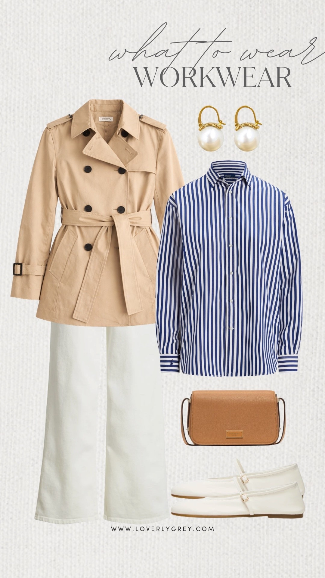 Loverly Grey, what to wear for workwear! I am loving this button down striped long sleeve top pair with white pants. I would layer this short trench over the top and grab a pair of Mary Jane flats. To complete the look I’d grab a leather purse and put on some simple pearl earrings. Loverly Grey, what to wear, workwear

#LTKWorkwear #LTKSeasonal #LTKootd