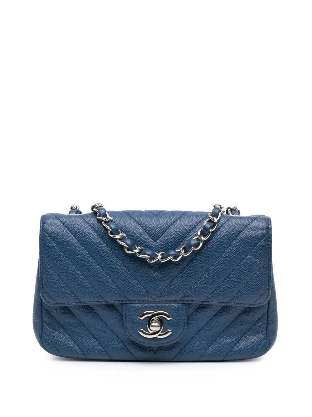 CHANEL Pre-Owned 2018 Mini Rectangular Classic Chevron Caviar Single Flap crossbody bag - Blue | Farfetch Global