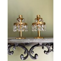 Vintage Pair Of Small Gold Plated Metal & Glass Prism Chandelier Candlesticks/ Hollywood Regency Style Taper Candle Holders | Etsy (US)