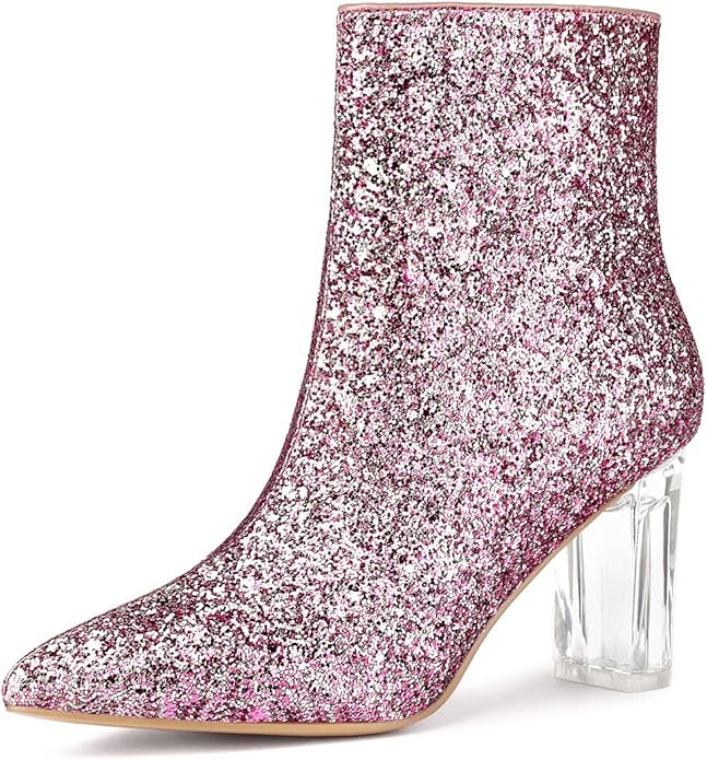 Allegra K Women's Clear Block Heel Glitter Ankle Boots | Amazon (US)