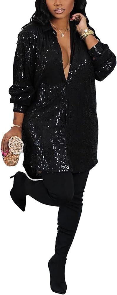 Women's Sequin Button Down Shirt Dress Long Sleeve Loose Fit Blouse Top Mini Dress Party Sexy Clu... | Amazon (US)