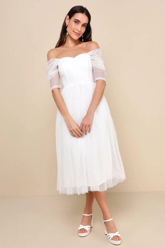 Heavenly Mood White Mesh Swiss Dot Off-the-Shoulder Midi Dress | Lulus