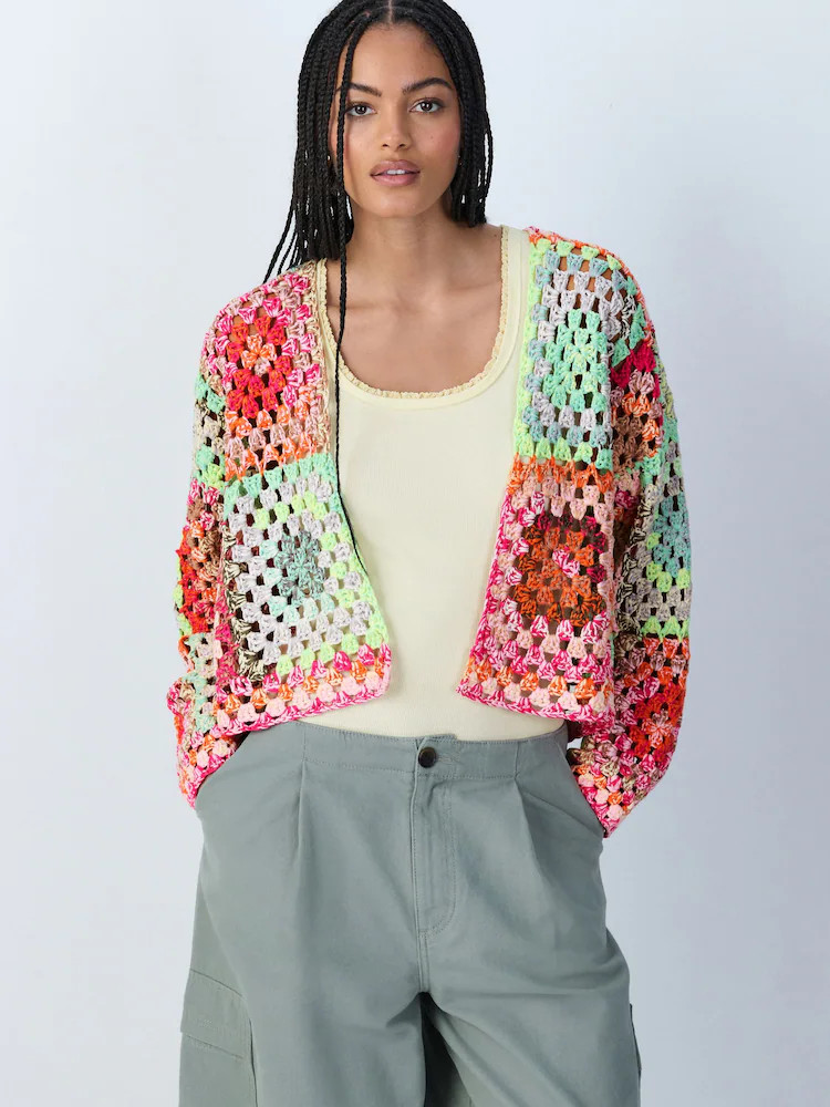Multi Pink/Green - Hand Knit Long Sleeve Crochet Cardigan | Next EU