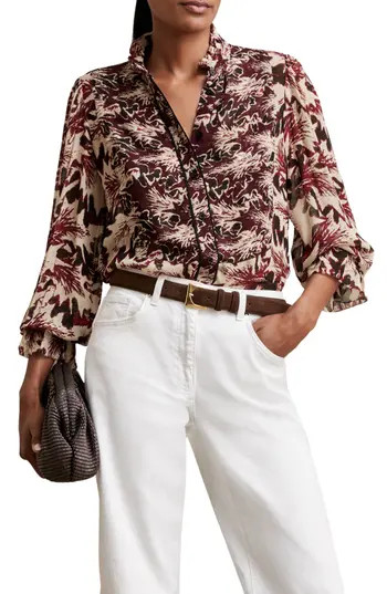 Reiss Jules Abstract Ruffle Neck Button-Up Shirt in Burgundy/cream at Nordstrom Rack, Size 8 Us / 12 Uk | Nordstrom Rack