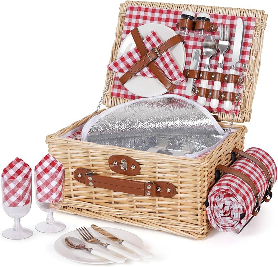 HappyPicnic Picnic Basket Set for 2 - Wicker Picnic Basket with Waterproof Blanket & Insulated Li... | Amazon (US)