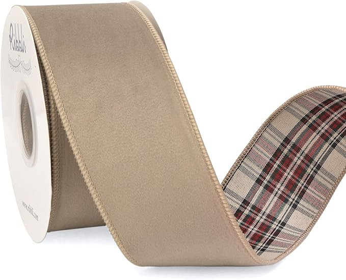 Ribbli Camel Velvet Wired Ribbon with Plaid 2.5 Inch Reversible Christmas Ribbon for Gift Wrappin... | Amazon (US)