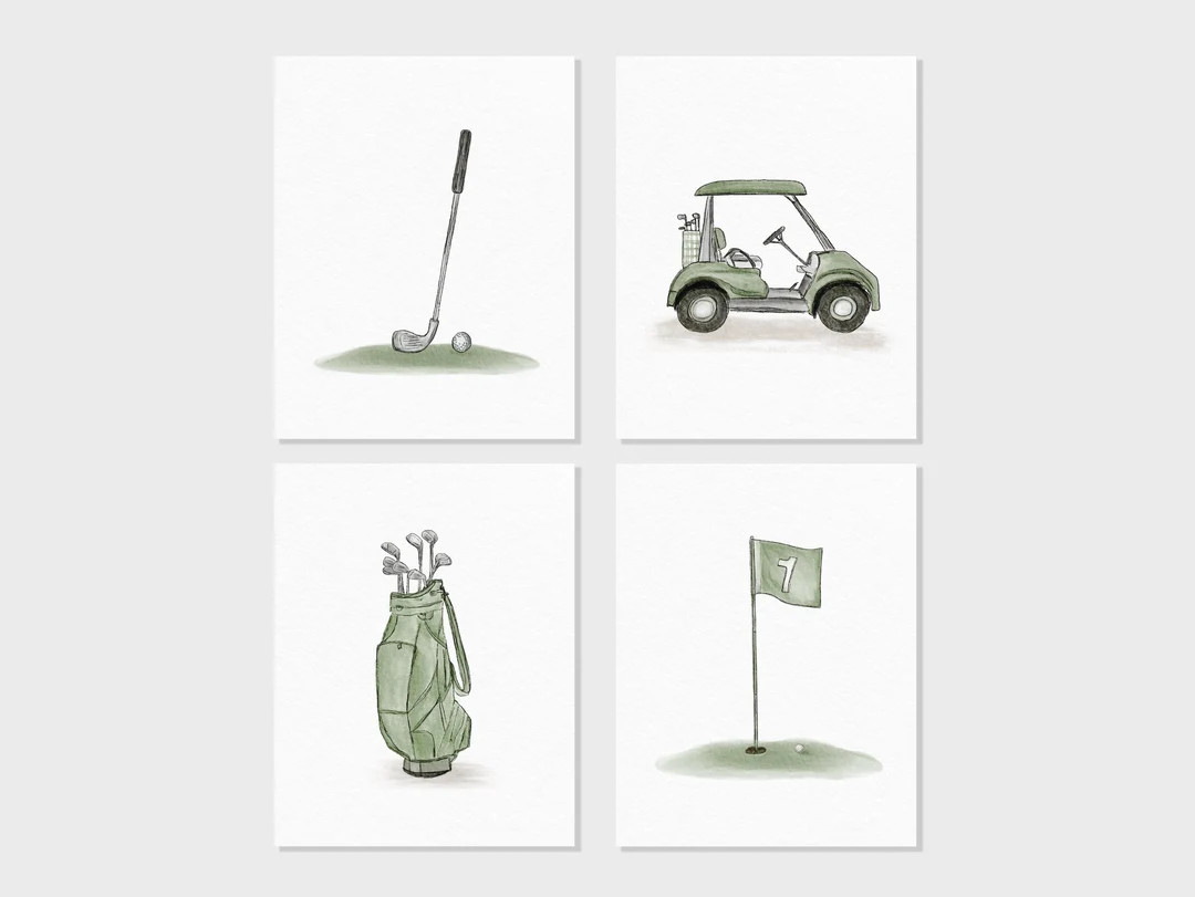 Watercolor Golf Art Golf Cart, Flag, Club and Golf Bag Golf Theme Wall Decor, Sage Green, Baby Nu... | Etsy (US)