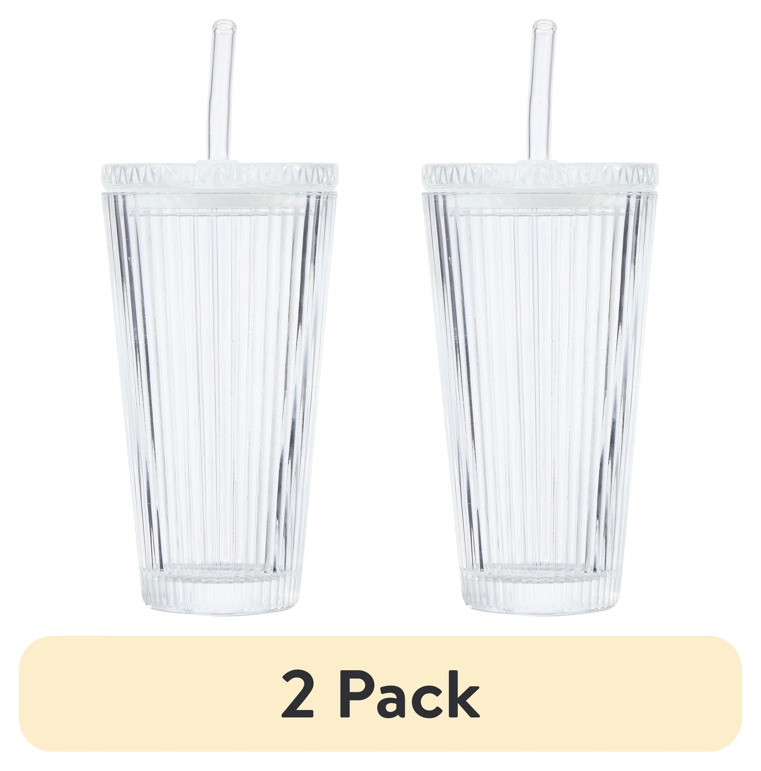(2 pack) Better homes & gardens ribbed 21oz glass tumbler with glass lid and straw | Walmart (US)