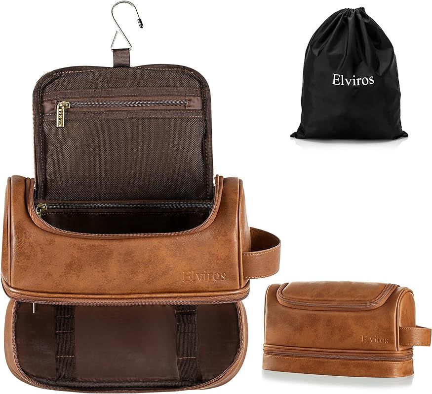 Elviros Toiletry Bag, Mens Leather Travel Organizer Kit with hanging hook, Large Water-resistant ... | Amazon (US)