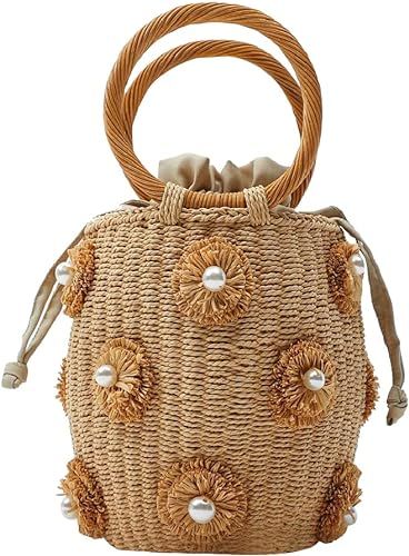 NIBD Flower Pearls Rattan Tote Bag Summer Beach Drawstring Straw Bucket Bag Diamonds Woven Handba... | Amazon (US)