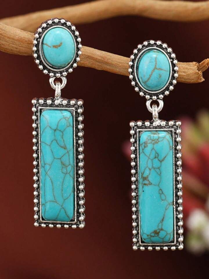 2pcs Vintage Western Style Turquoise Stone Women's Earrings With Geometric & Cowboy Features, Sui... | SHEIN