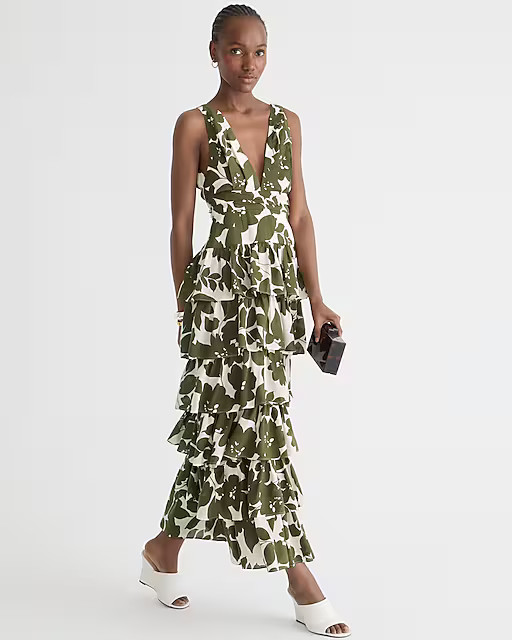 Collection plunge-neck tiered dress in leafy floral | J. Crew US