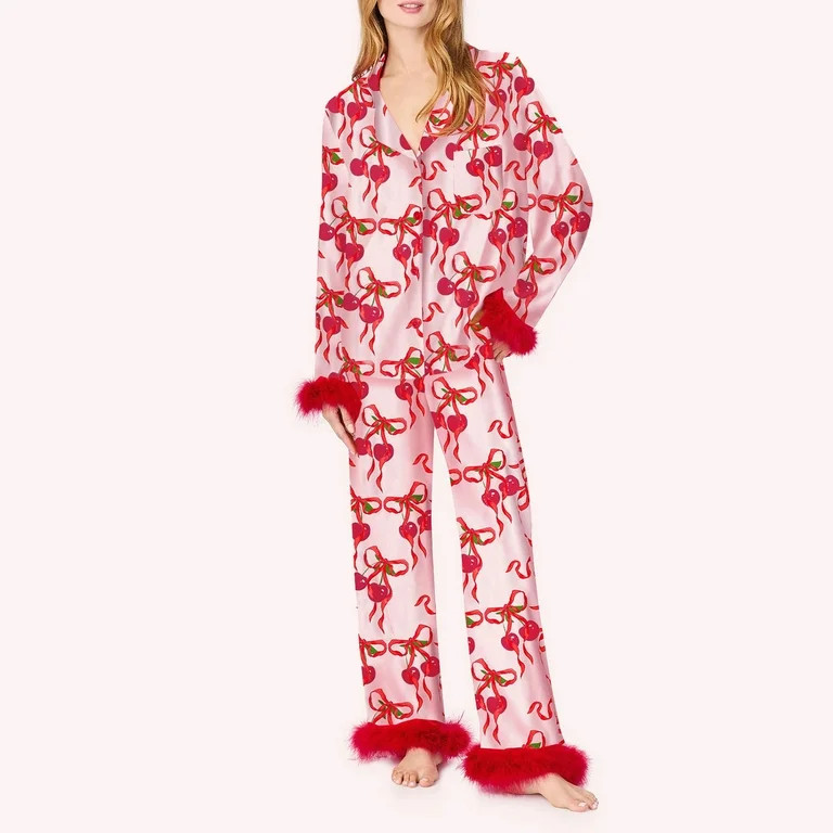 Bibifish Christmas Womens Pajama Sets Pink Bow Print Autumn 2 Piece Sleepwear Sets With Fuzzy Cuf... | Walmart (US)