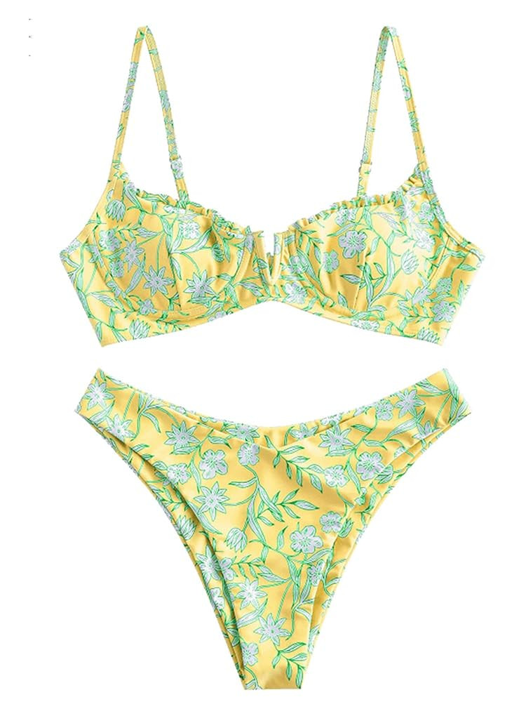 ZAFUL Women's Underwire Bikini Floral High Cut Bikini Set V-Wired Two Piece Swimsuit Bathing Suit | Amazon (US)