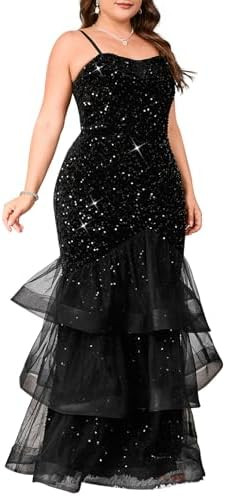 Women Sexy Sleeveless Sequin Mesh Patchwork Maxi Dress Red Plus Size Sling Cocktail Party Formal ... | Amazon (US)