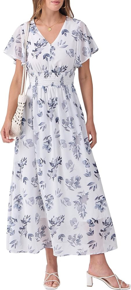 ANRABESS Womens Summer Floral Maxi Dress Casual V Neck Short Sleeve Chiffon Boho Flowy Beach 2026... | Amazon (US)