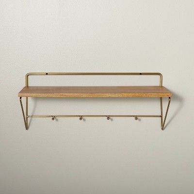 24" Wood & Brass Wall Shelf with Hooks - Hearth & Hand™ with Magnolia | Target
