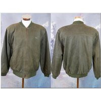 Olive Green Leather Bomber Jacket, 1980S Vintage Guess Jeans USA Pigskin Zippered Varsity Style Jack | Etsy (US)