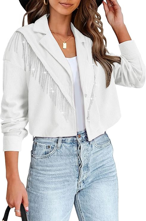 SiLing Women's Corduroy Cropped Jacket Sparkly Rhinestone Fringe Concert Outfits Spakle Tassel Sh... | Amazon (US)