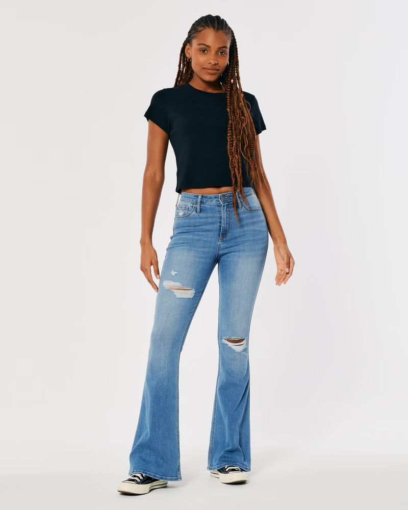 Curvy High-Rise Distressed Medium Wash Flare Jeans | Hollister (US)