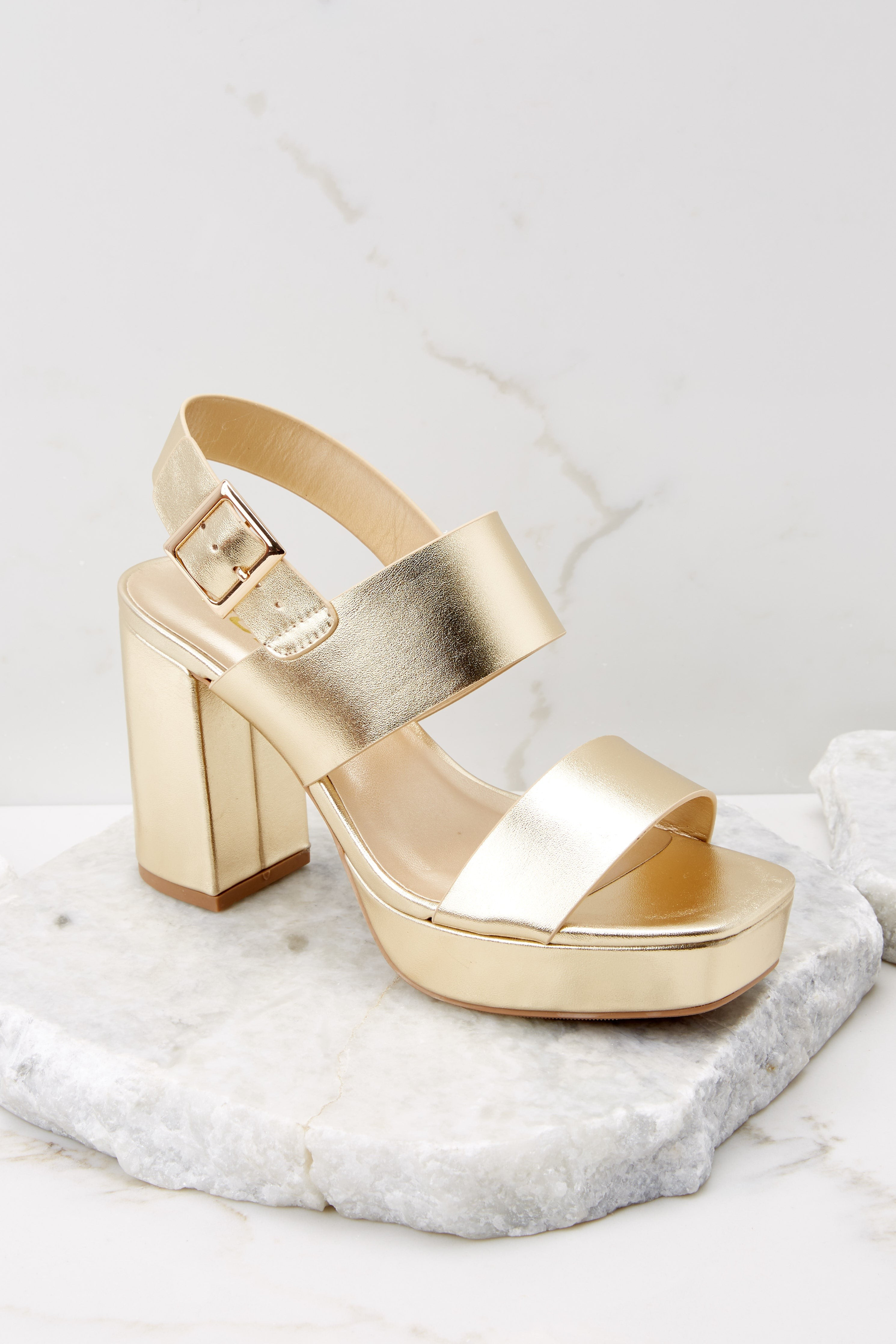 Red Carpet Treatment Gold Ankle Strap Heels | Red Dress 
