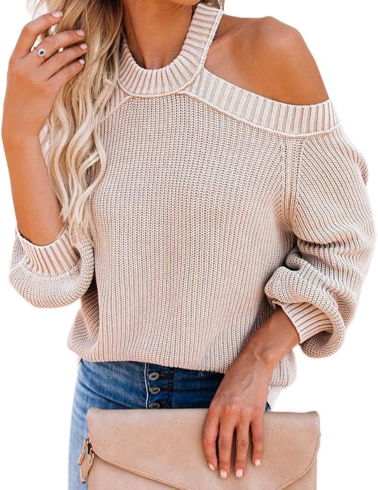 Womens Off Shoulder Sweaters Halter Cutout Back Loose Puff Long Sleeve Knit Pullover Jumper Tops | Amazon (US)