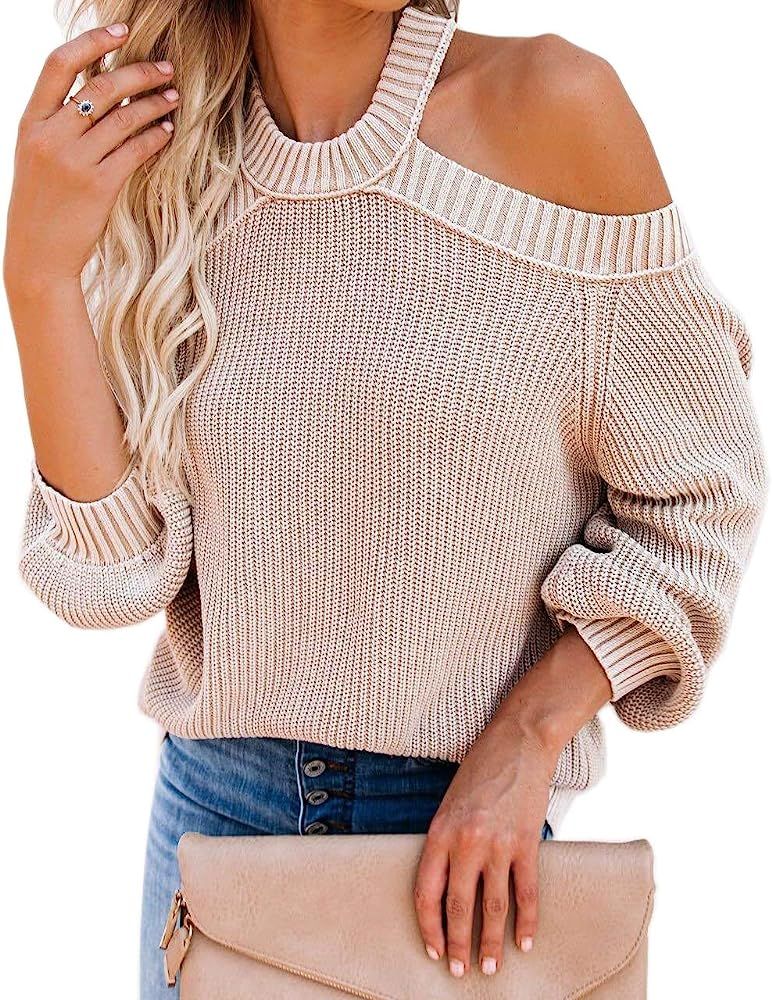 Womens Off Shoulder Sweaters Halter Cutout Back Loose Puff Long Sleeve Knit Pullover Jumper Tops | Amazon (US)