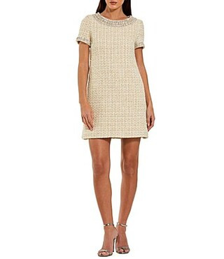 Mac Duggal Short Sleeve Tweed Mini Dress With Beading Detail - S | Dillard's