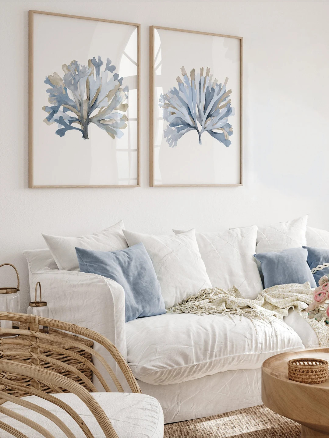 Light Blue Seaweed, Watercolor Minimalist Art, Coastal Wall Decor, Beach House Art, Set of 2 Bota... | Etsy (US)