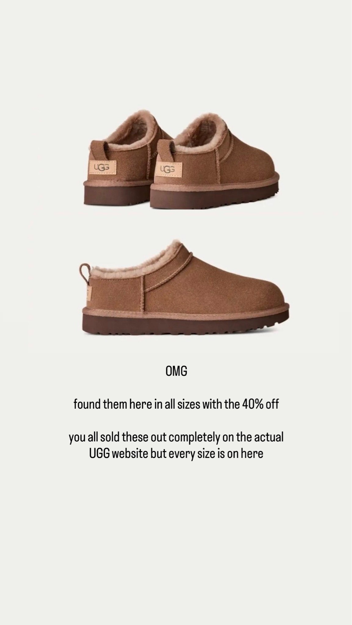 Uggs in stock all sizes with 40% off

#LTKuk #LTKfestival