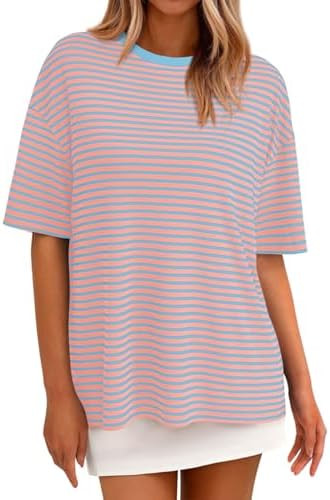 PRETTYGARDEN Womens Oversized Cute Tops Casual Striped Short Sleeve Shirt Women Trendy 2026 Sprin... | Amazon (US)