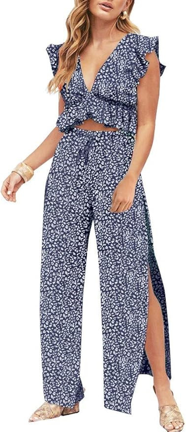 FANCYINN Womens 2 Pieces Outfits Deep V Neck Crop Top Side Slit Drawstring Wide Leg Pants Set Jum... | Amazon (US)