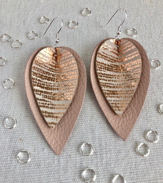 Rose Gold Foil Double Pinched Petal Leather Statment Earrings | Etsy (US)